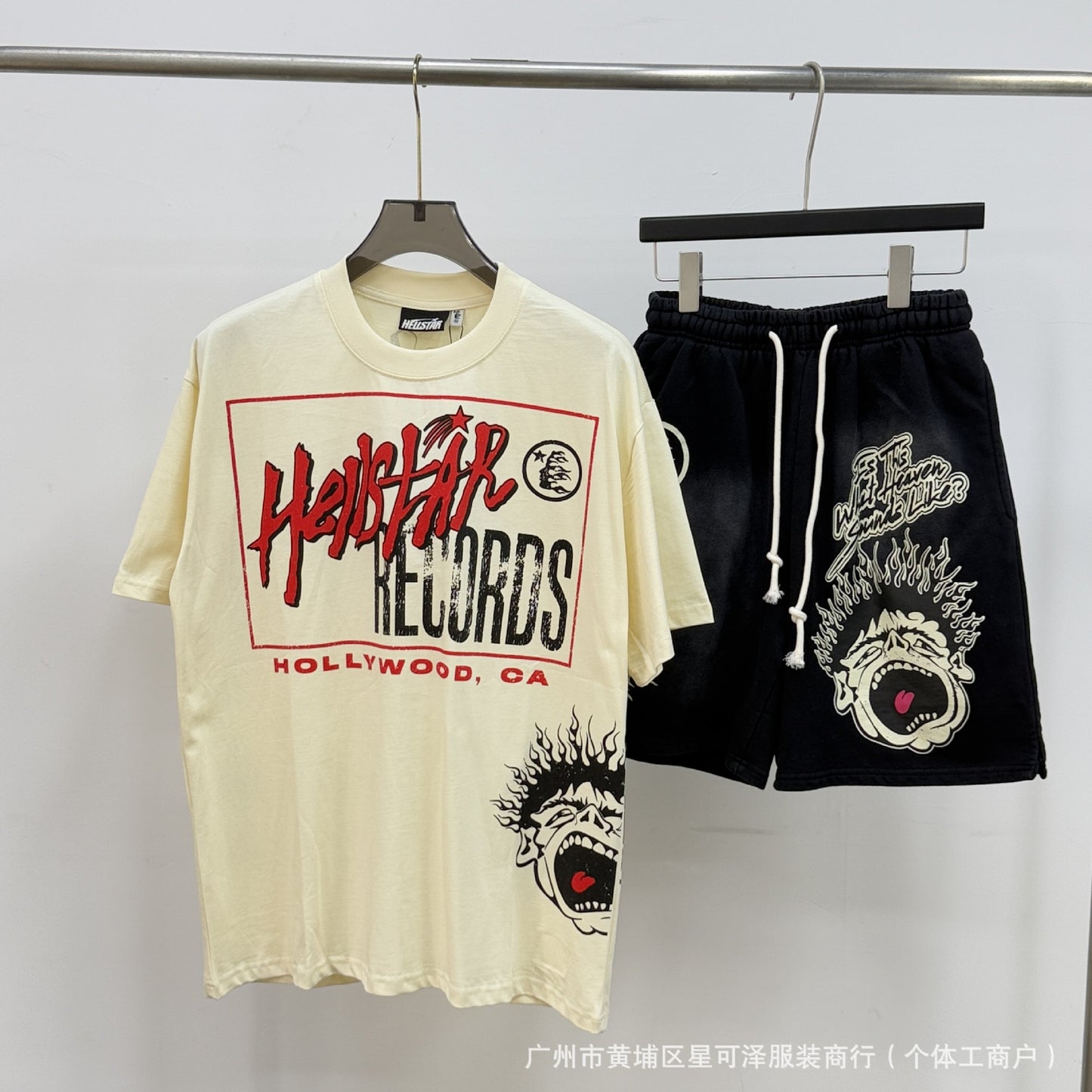HS8008 Hellstar sets Heavy Industry Washed and WornShort-Sleeved T-shirt Sports Shorts Suit