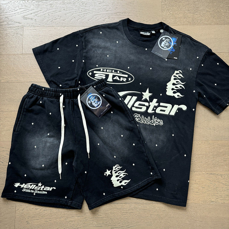 HS8008 Hellstar sets Heavy Industry Washed and WornShort-Sleeved T-shirt Sports Shorts Suit