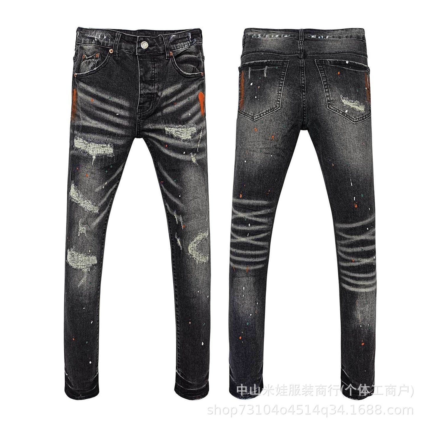 PP6606 PURPLE Jeans American Hip-Hop Ripped PB Ink Splash Jeans