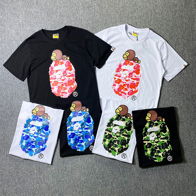 BAPE Short-Sleeved T-shirt Camouflage Monkey Cartoon Printed Cotton