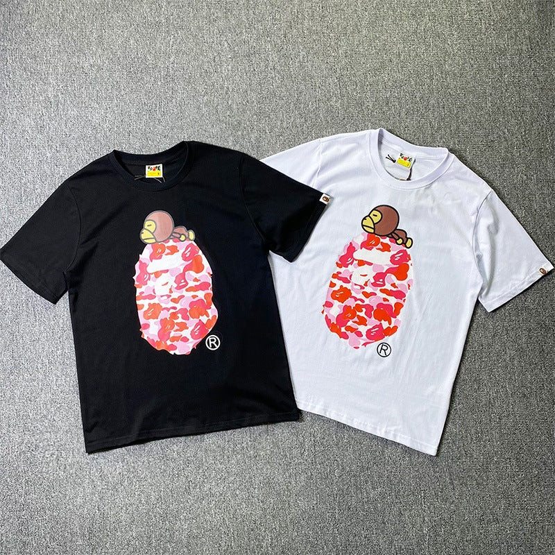 BAPE Short-Sleeved T-shirt Camouflage Monkey Cartoon Printed Cotton