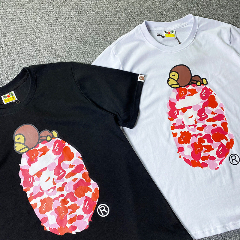 BAPE Short-Sleeved T-shirt Camouflage Monkey Cartoon Printed Cotton