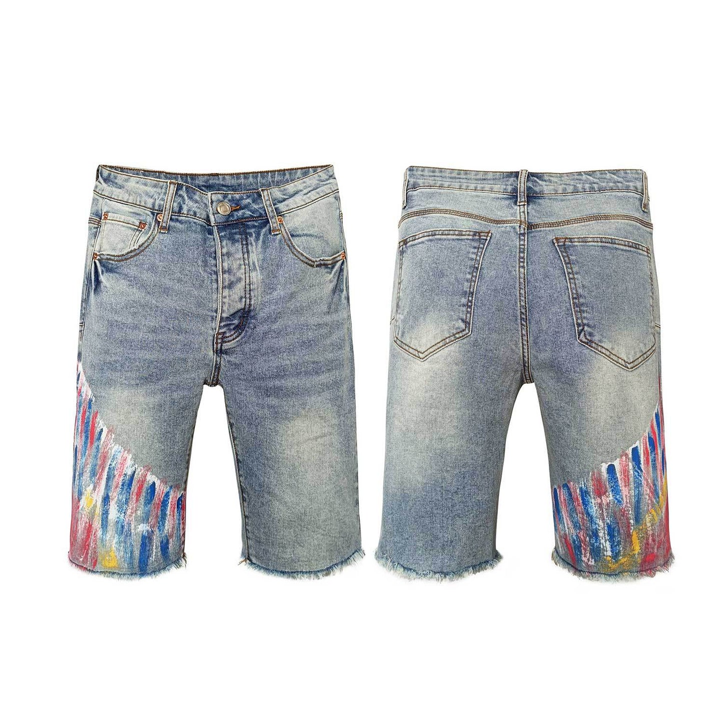 Purple Jeans Five-Point Loose Fit Versatile PU Ink-Splashed Denim Shorts