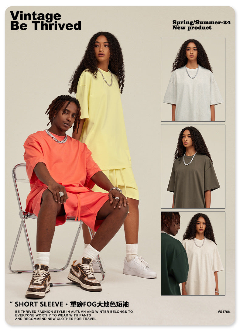 Be Men's 2024 Spring and Summer 305G Heavy T-shirt Men's American Cotton Fashion Brand Solid Color Short Sleeve Teen T-shirt