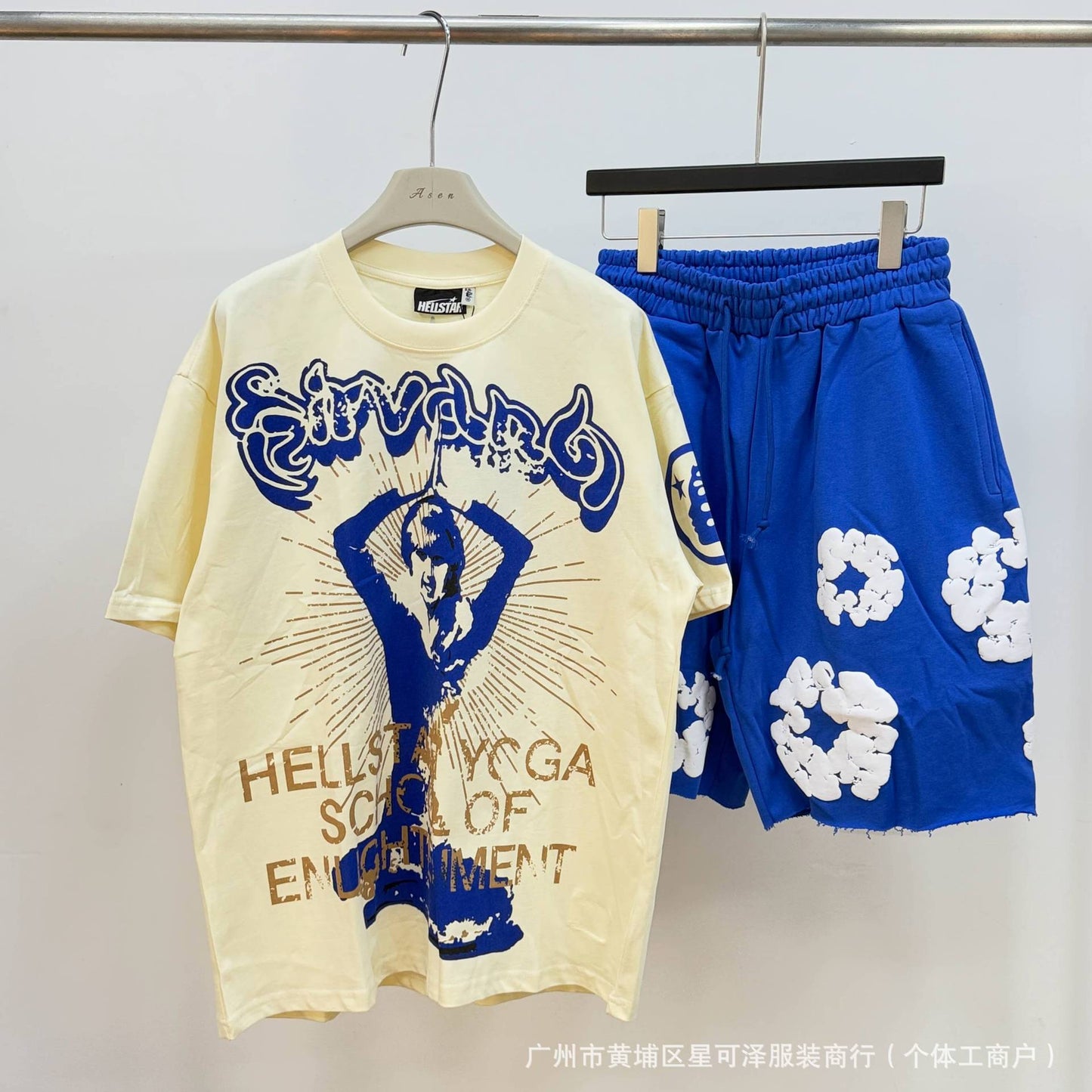 HS8008 Hellstar sets Heavy Industry Washed and WornShort-Sleeved T-shirt Sports Shorts Suit