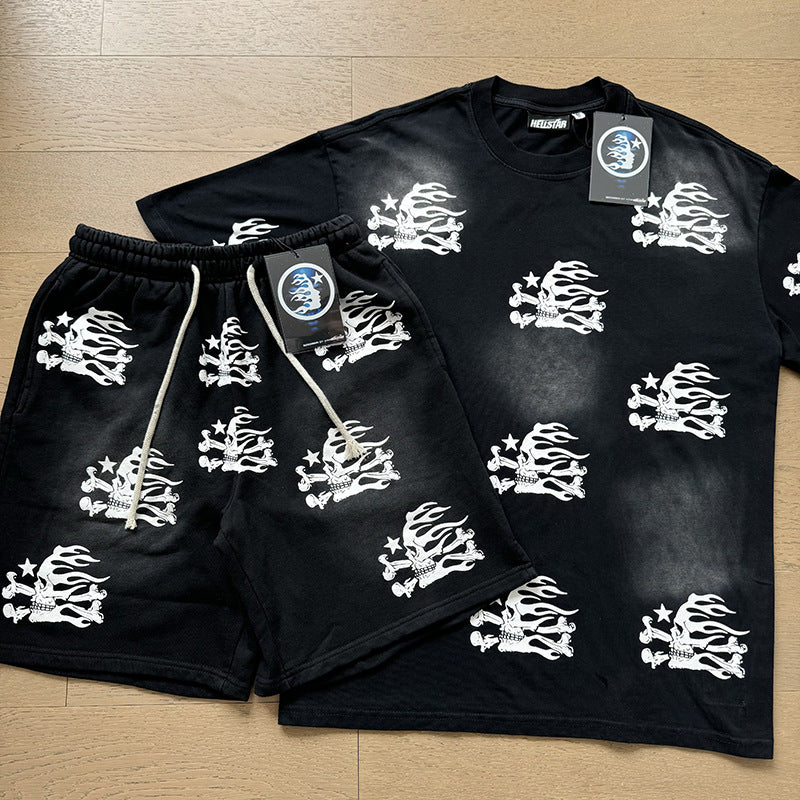 HS8008 Hellstar sets Heavy Industry Washed and WornShort-Sleeved T-shirt Sports Shorts Suit