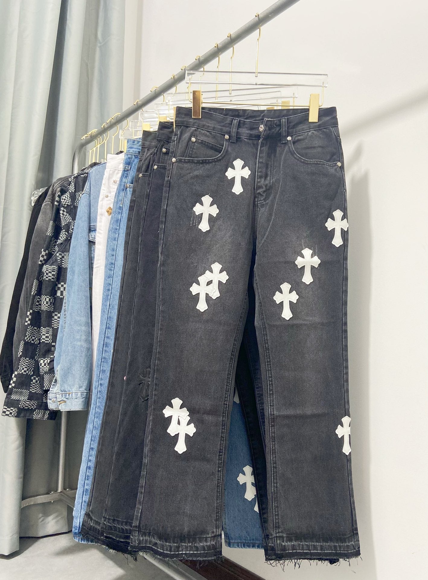 Chrome Hearts Jeans Color Leather Black Washed Jeans