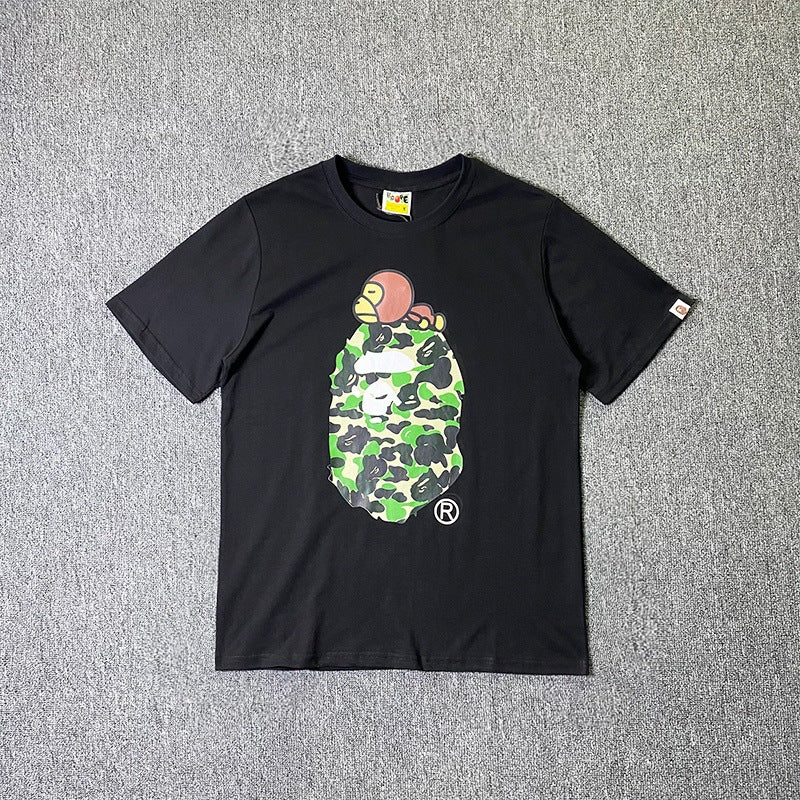 BAPE Short-Sleeved T-shirt Camouflage Monkey Cartoon Printed Cotton