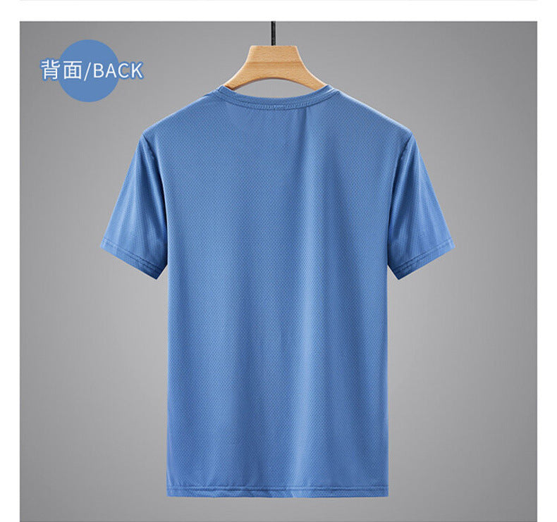 Round Neck Ice Silk Short Sleeve T Men's Summer Running Sports Casual Plus Size Shirt Stretch Breathable Regular Quick-Dry Top