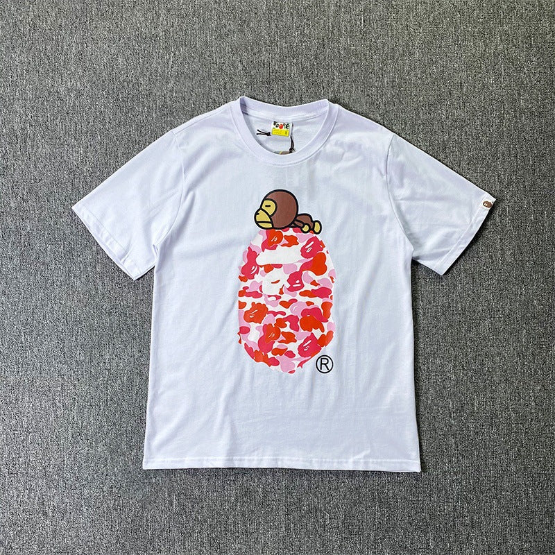 BAPE Short-Sleeved T-shirt Camouflage Monkey Cartoon Printed Cotton