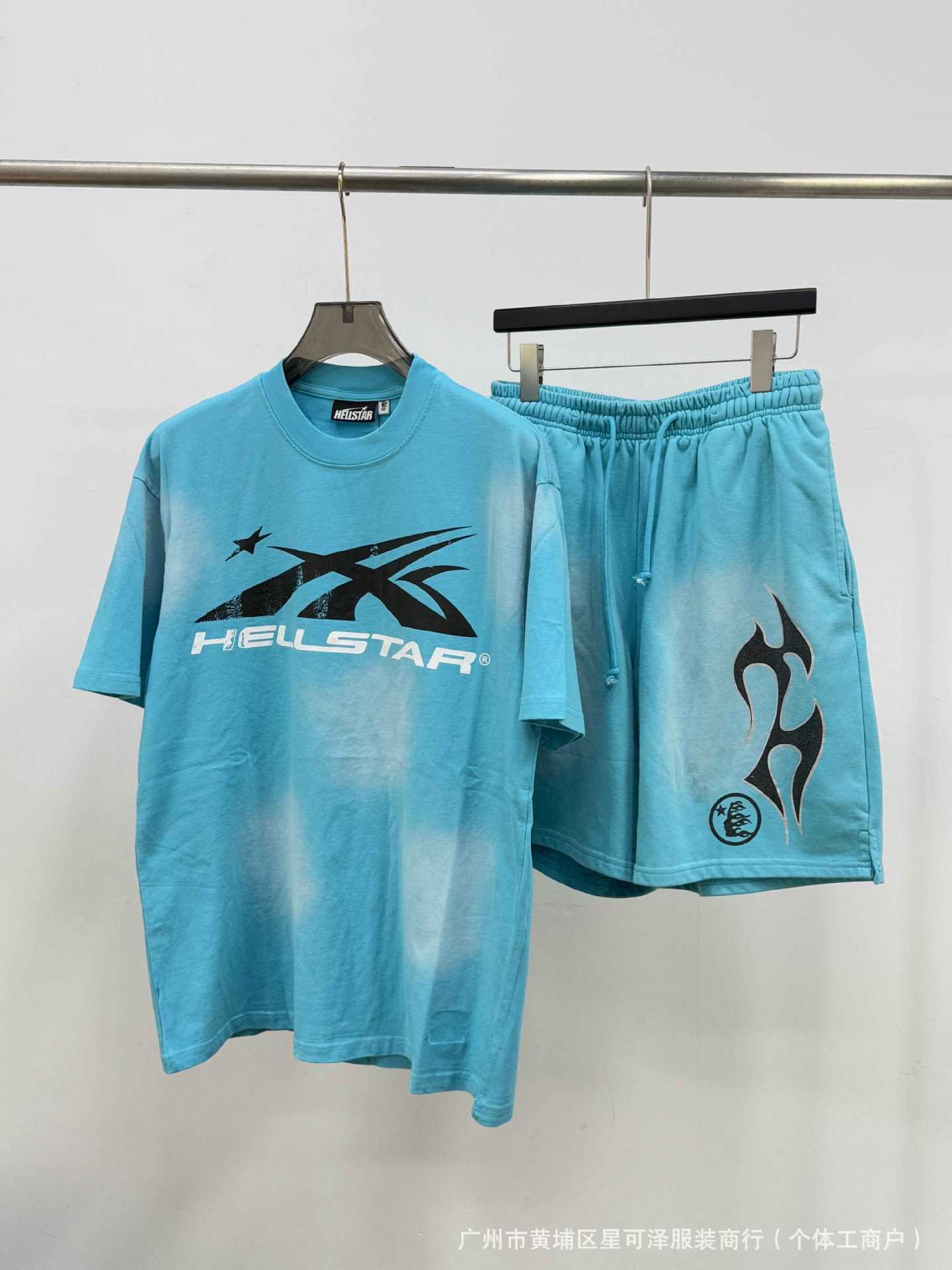 HS8008 Hellstar sets Heavy Industry Washed and WornShort-Sleeved T-shirt Sports Shorts Suit