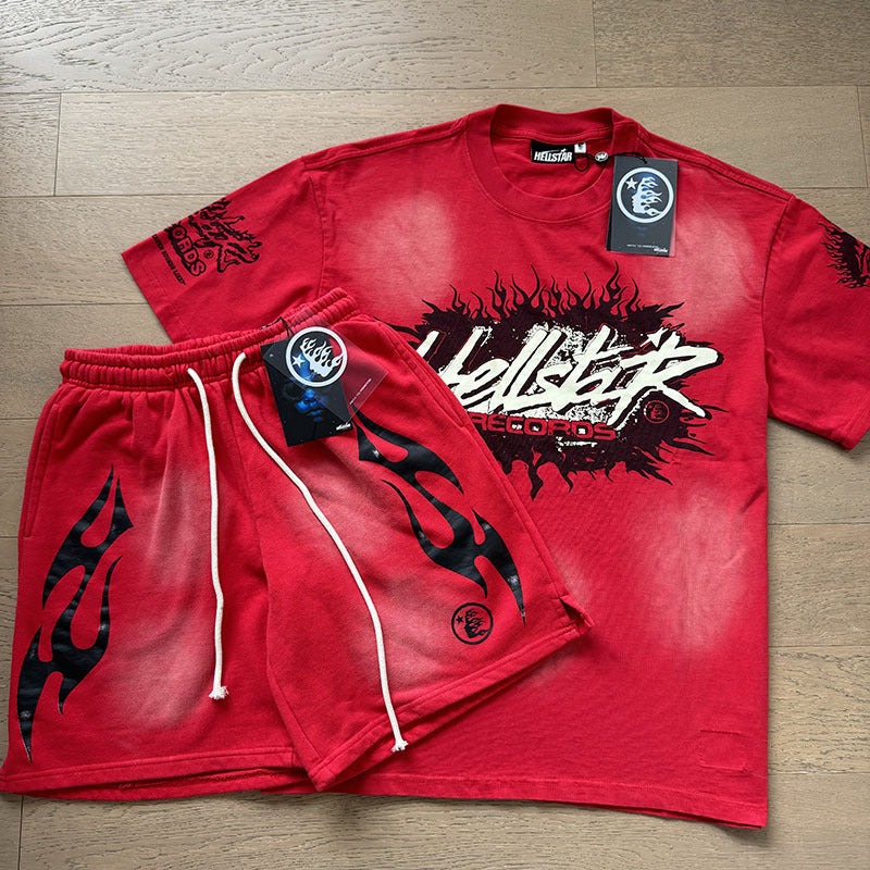 HS8008 Hellstar sets Heavy Industry Washed and WornShort-Sleeved T-shirt Sports Shorts Suit
