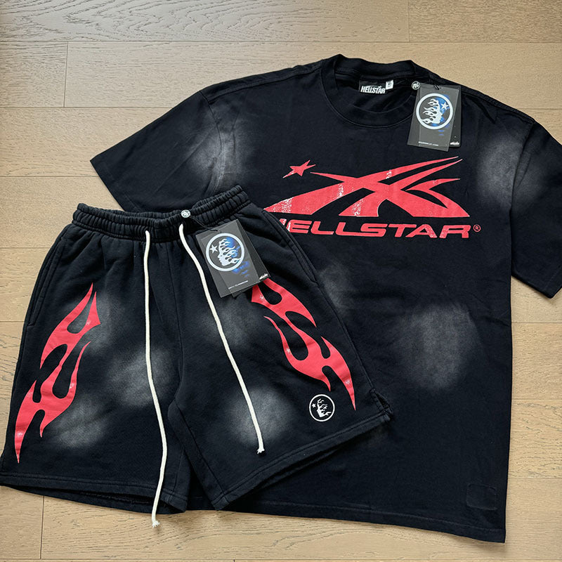 HS8008 Hellstar sets Heavy Industry Washed and WornShort-Sleeved T-shirt Sports Shorts Suit