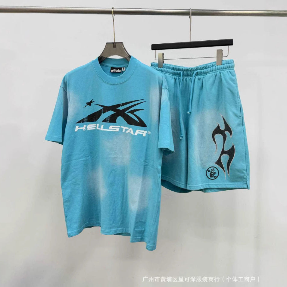 HS8008 Hellstar sets Heavy Industry Washed and WornShort-Sleeved T-shirt Sports Shorts Suit