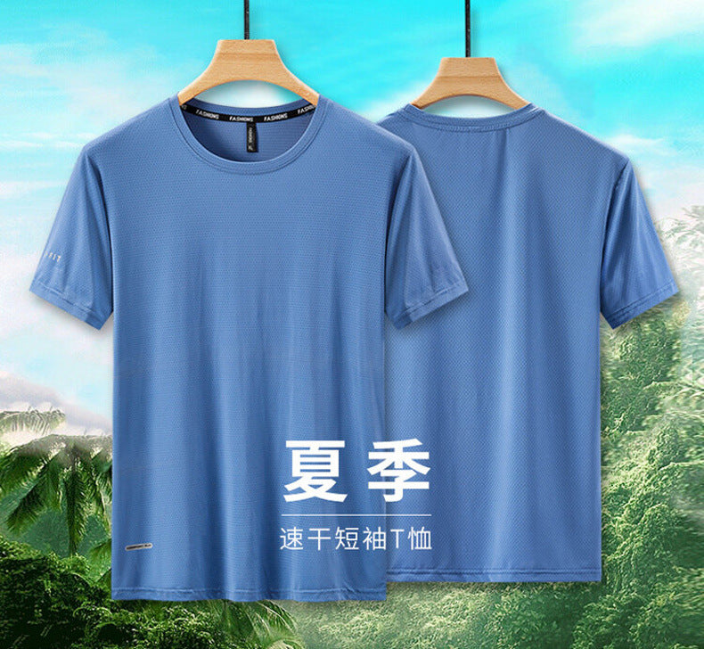 Round Neck Ice Silk Short Sleeve T Men's Summer Running Sports Casual Plus Size Shirt Stretch Breathable Regular Quick-Dry Top