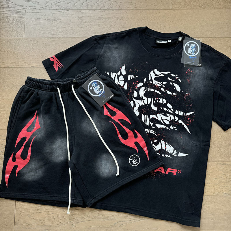 HS8008 Hellstar sets Heavy Industry Washed and WornShort-Sleeved T-shirt Sports Shorts Suit