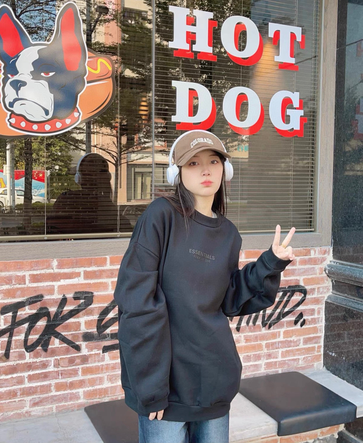 ESS Letter Fog Loose Fleece-lined Crew Neck Pullover Sweatshirt American Fashion Brand Men