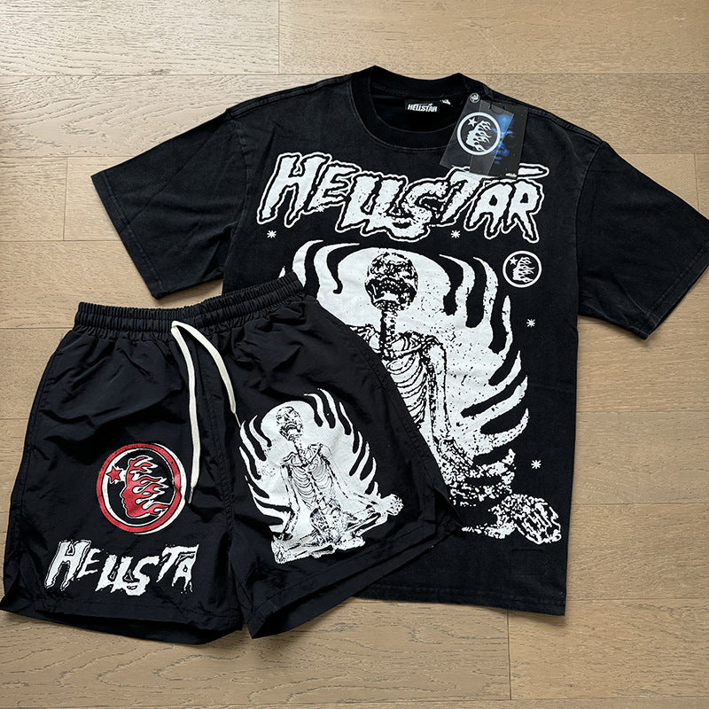 HS8008 Hellstar sets Heavy Industry Washed and WornShort-Sleeved T-shirt Sports Shorts Suit