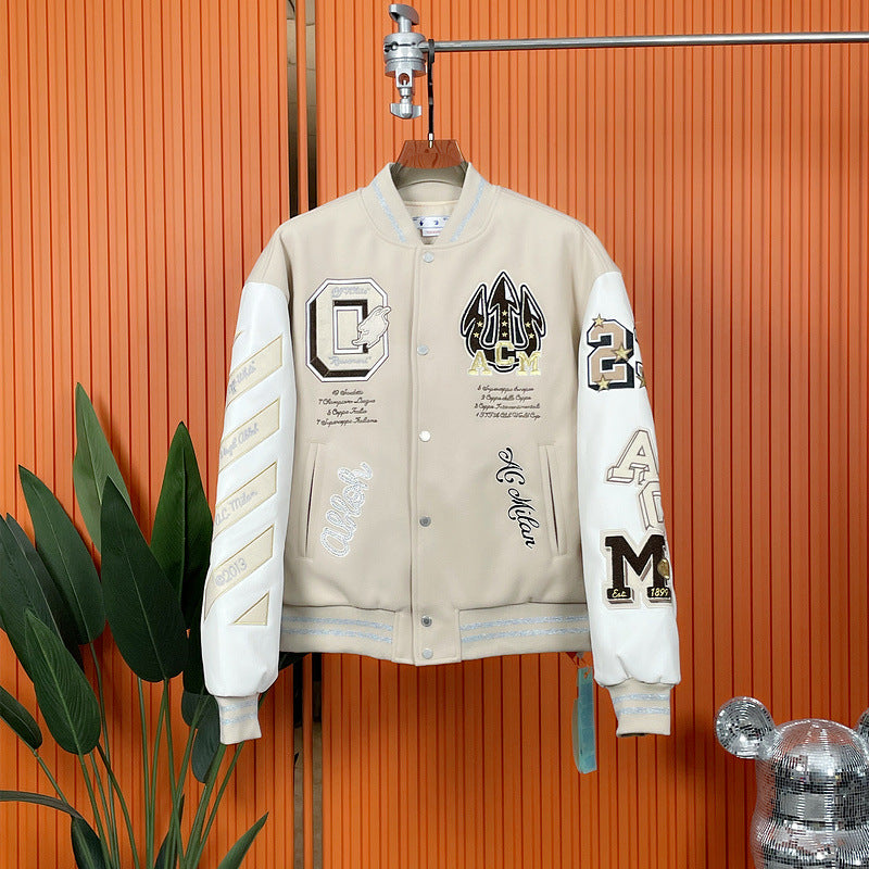 Off-White Patchwork Baseball Jacket Unisex Youth Street Fashion Jacket Coat