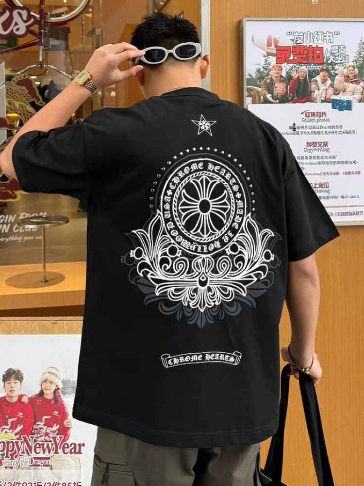 Chrome Hearts T-shirt Horseshoe Sanskrit Cross round Neck Short Sleeve