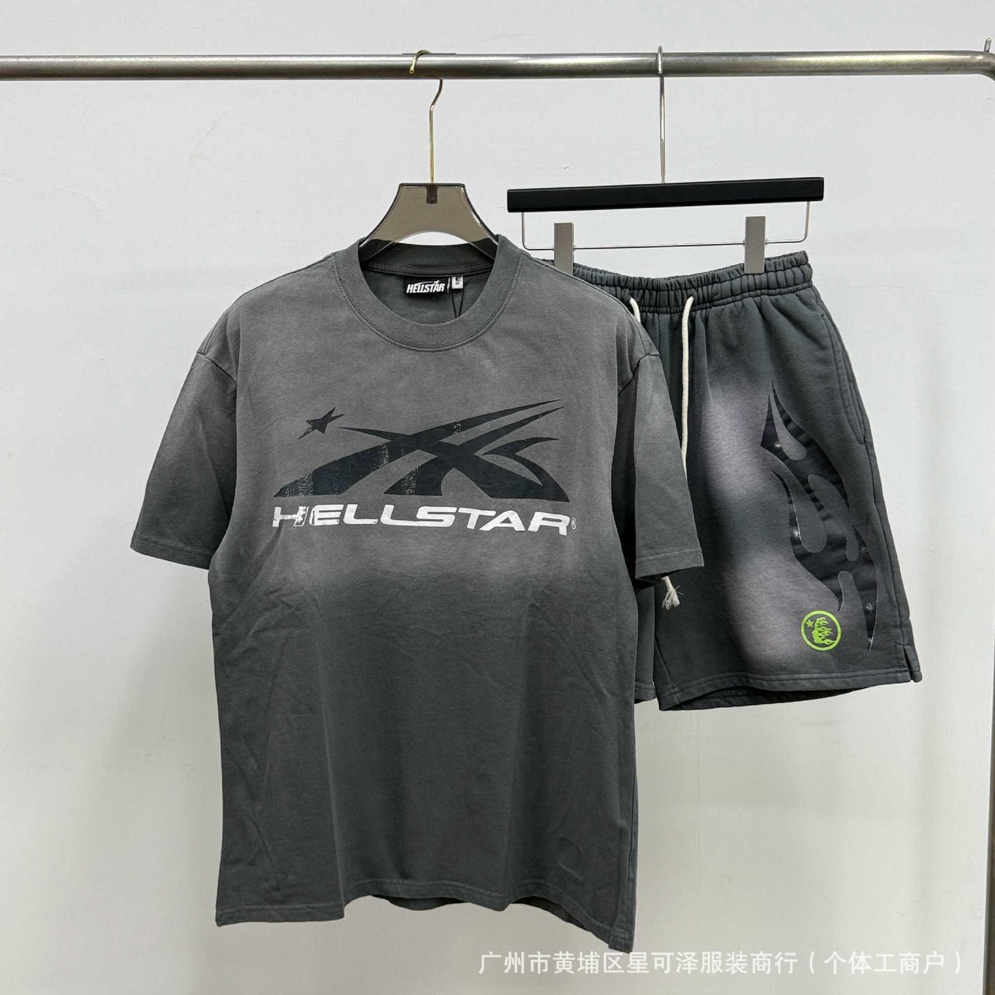 HS8008 Hellstar sets Heavy Industry Washed and WornShort-Sleeved T-shirt Sports Shorts Suit