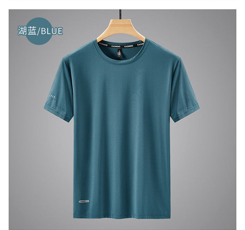 Round Neck Ice Silk Short Sleeve T Men's Summer Running Sports Casual Plus Size Shirt Stretch Breathable Regular Quick-Dry Top