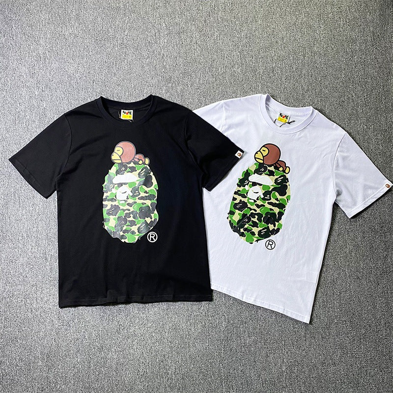 BAPE Short-Sleeved T-shirt Camouflage Monkey Cartoon Printed Cotton