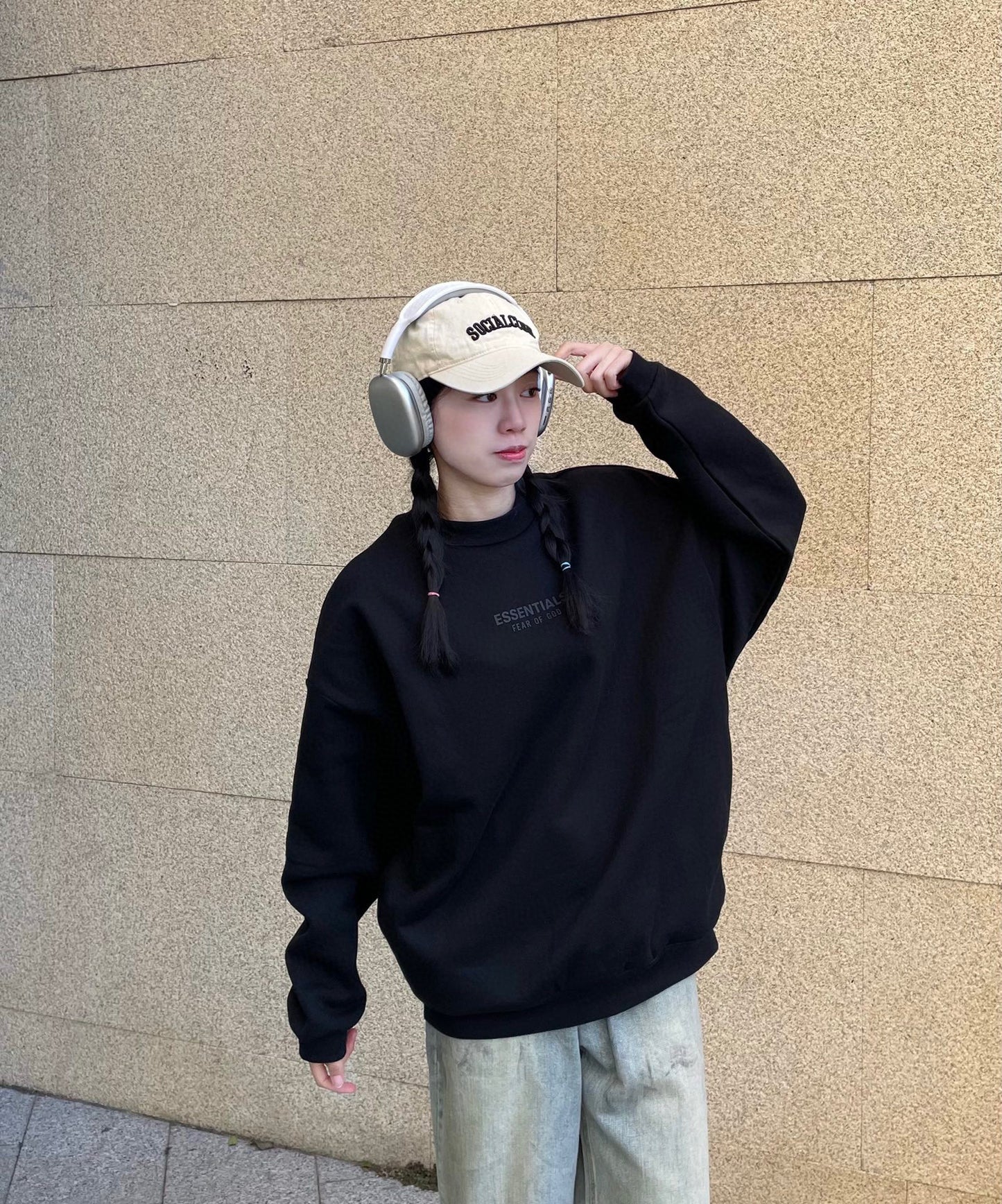 ESS Letter Fog Loose Fleece-lined Crew Neck Pullover Sweatshirt American Fashion Brand Men