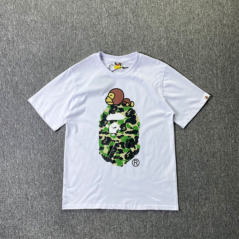 BAPE Short-Sleeved T-shirt Camouflage Monkey Cartoon Printed Cotton
