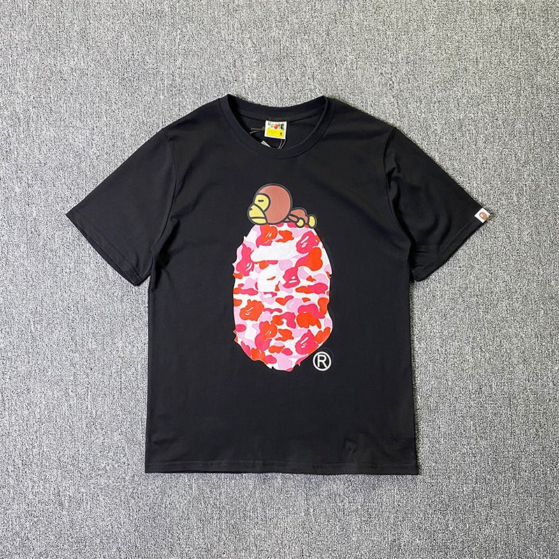BAPE Short-Sleeved T-shirt Camouflage Monkey Cartoon Printed Cotton