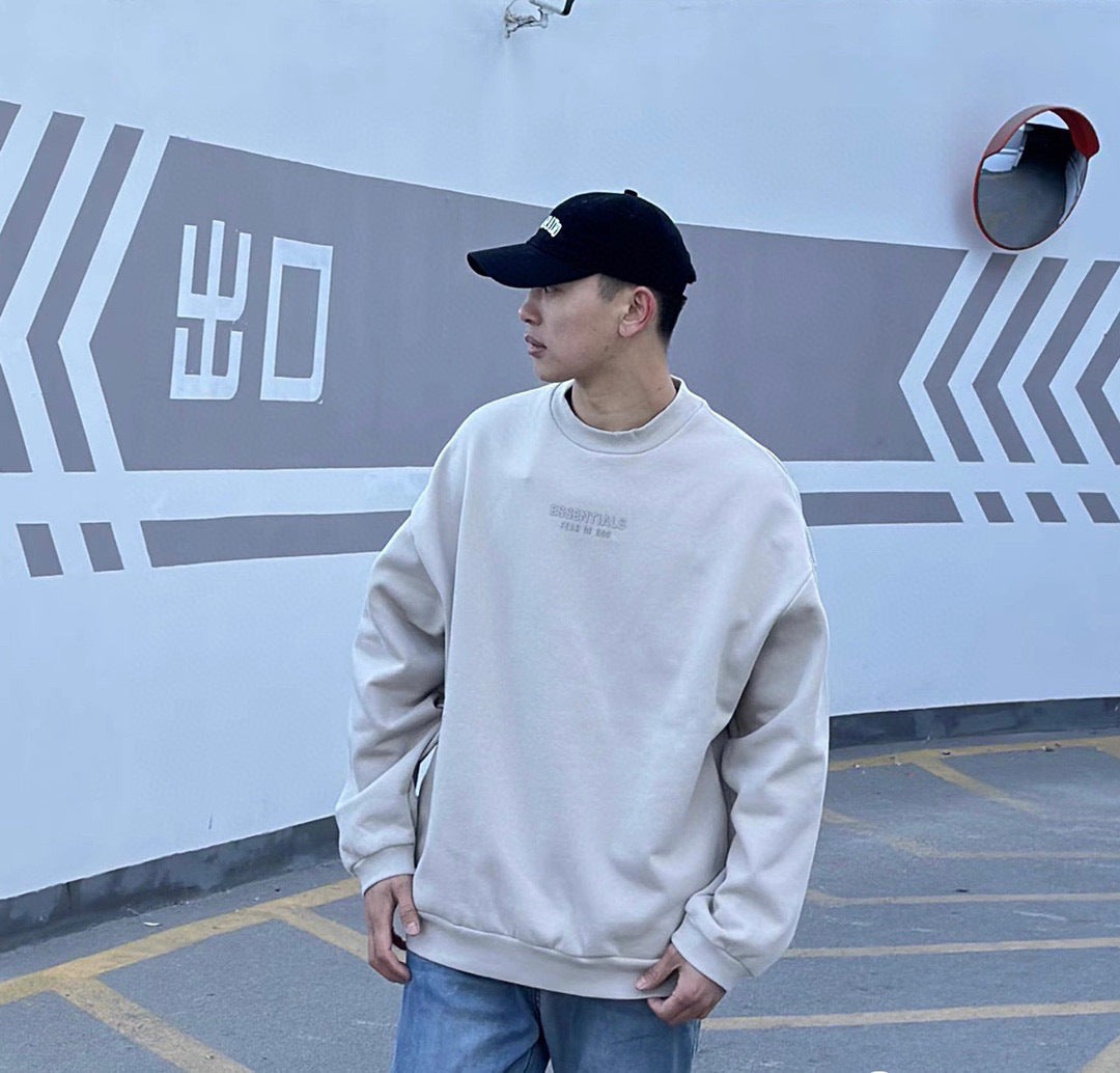 ESS Letter Fog Loose Fleece-lined Crew Neck Pullover Sweatshirt American Fashion Brand Men