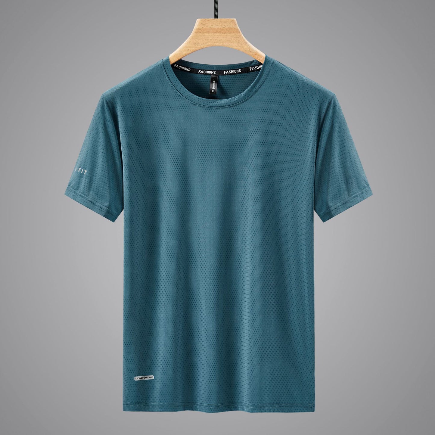 Round Neck Ice Silk Short Sleeve T Men's Summer Running Sports Casual Plus Size Shirt Stretch Breathable Regular Quick-Dry Top