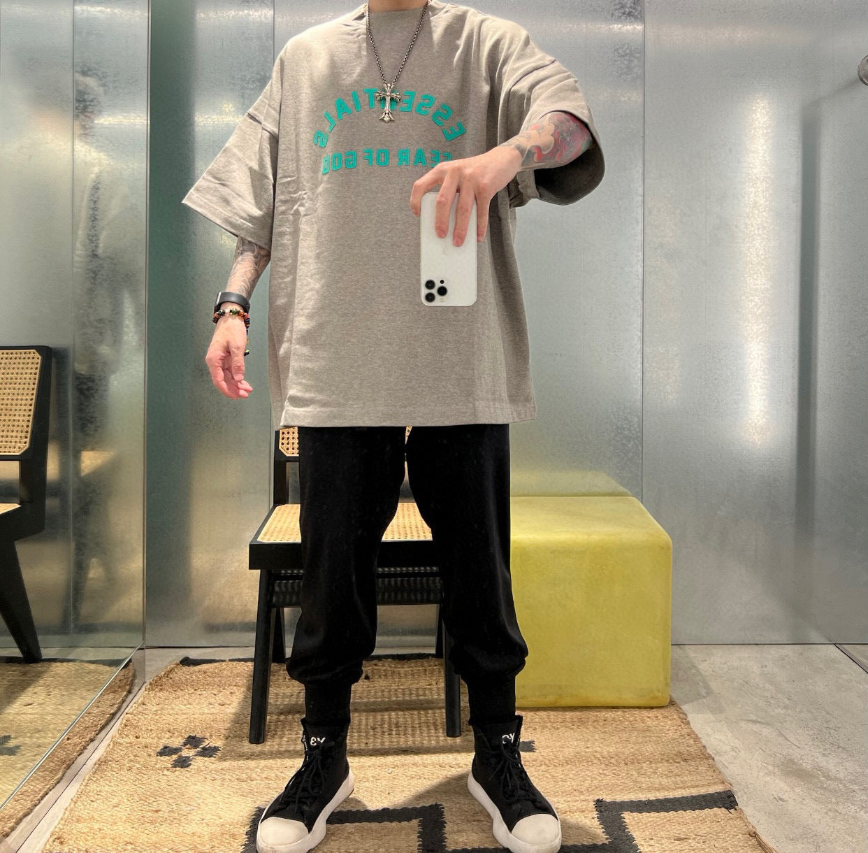 ESS **Half Arc 24ss Spring Silicone Letter 380gsm Heavy Crew Neck 100% Cotton Short Sleeve T-shirt