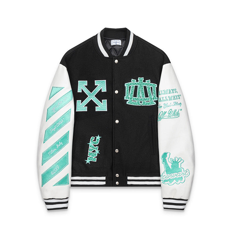 Off-White Patchwork Baseball Jacket Unisex Youth Street Fashion Jacket Coat