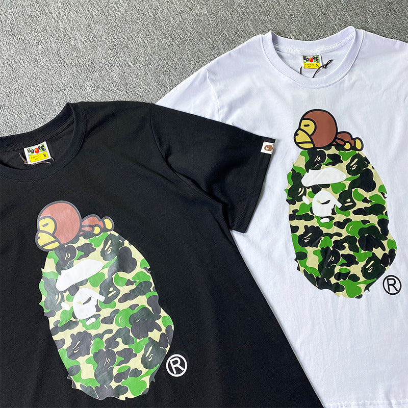 BAPE Short-Sleeved T-shirt Camouflage Monkey Cartoon Printed Cotton