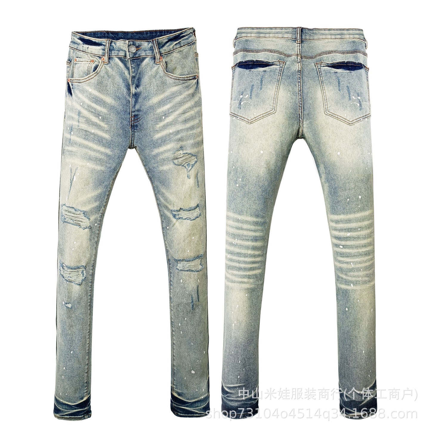 Pp6610 Purple Jeans American Style Hip Hop Ripped Splash-Ink Jeans