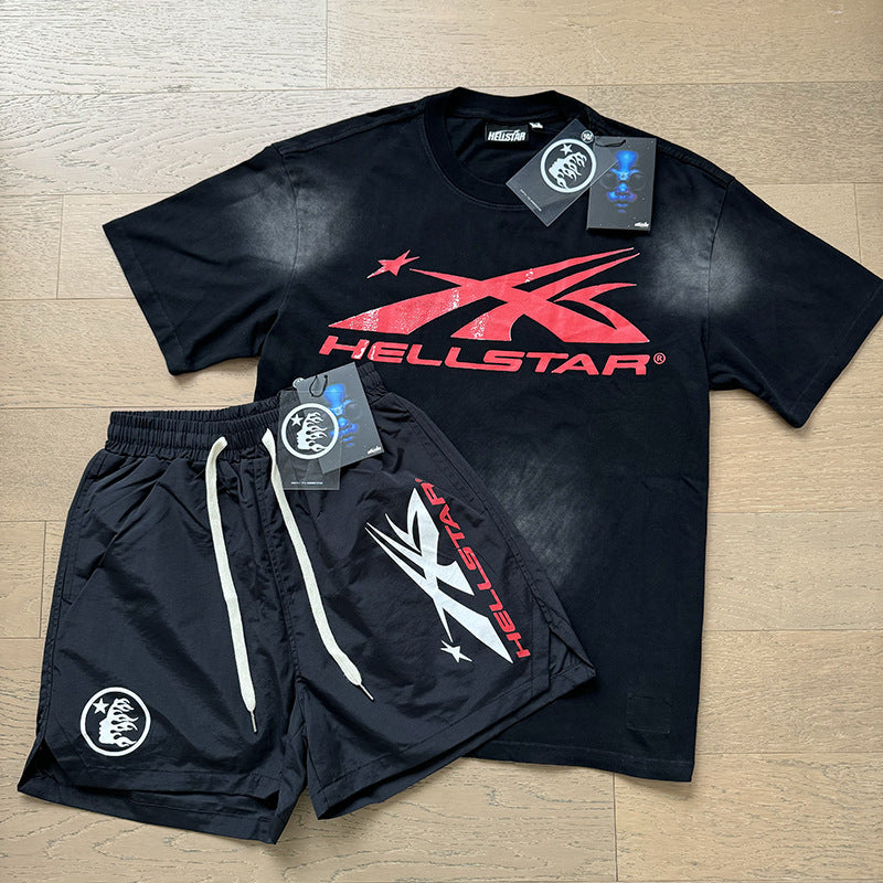 HS8008 Hellstar sets Heavy Industry Washed and WornShort-Sleeved T-shirt Sports Shorts Suit