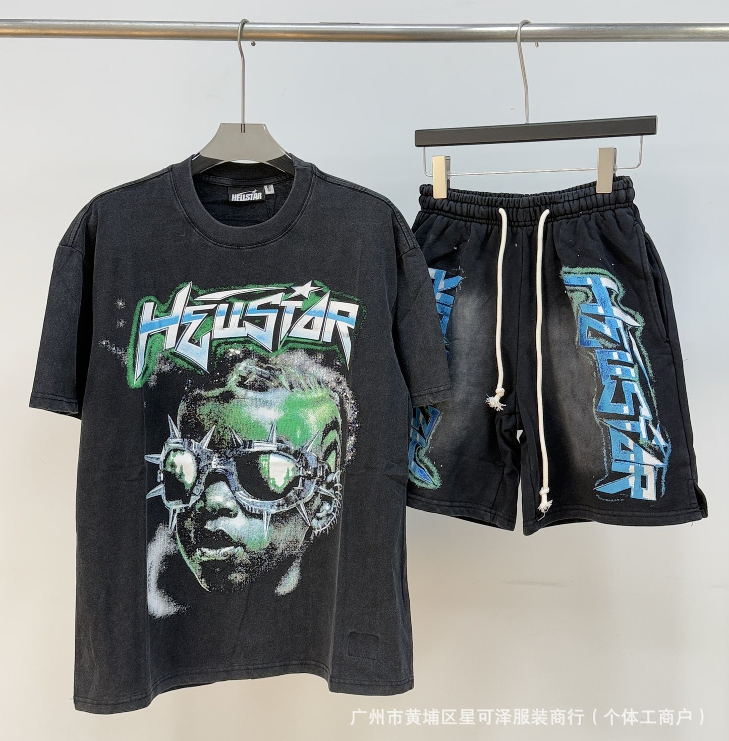 HS8008 Hellstar sets Heavy Industry Washed and WornShort-Sleeved T-shirt Sports Shorts Suit