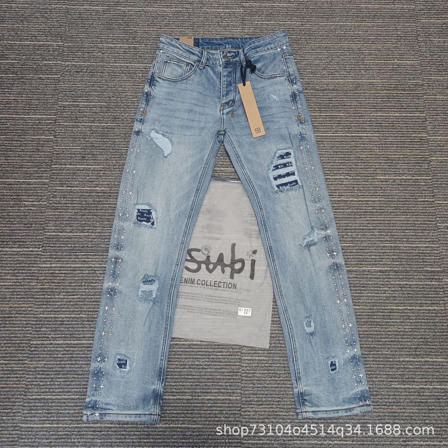 KSB901 Jeans straight-leg Ripped Stretch American High Street Casual Men's Jeans