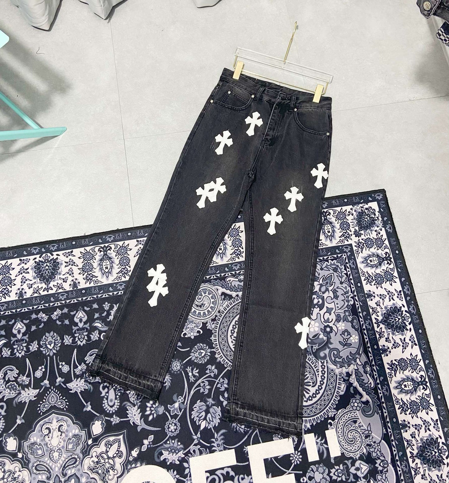 Chrome Hearts Jeans Color Leather Black Washed Jeans