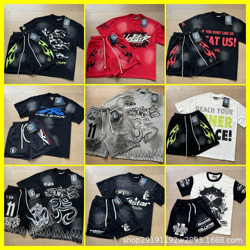 HS8008 Hellstar sets Heavy Industry Washed and WornShort-Sleeved T-shirt Sports Shorts Suit