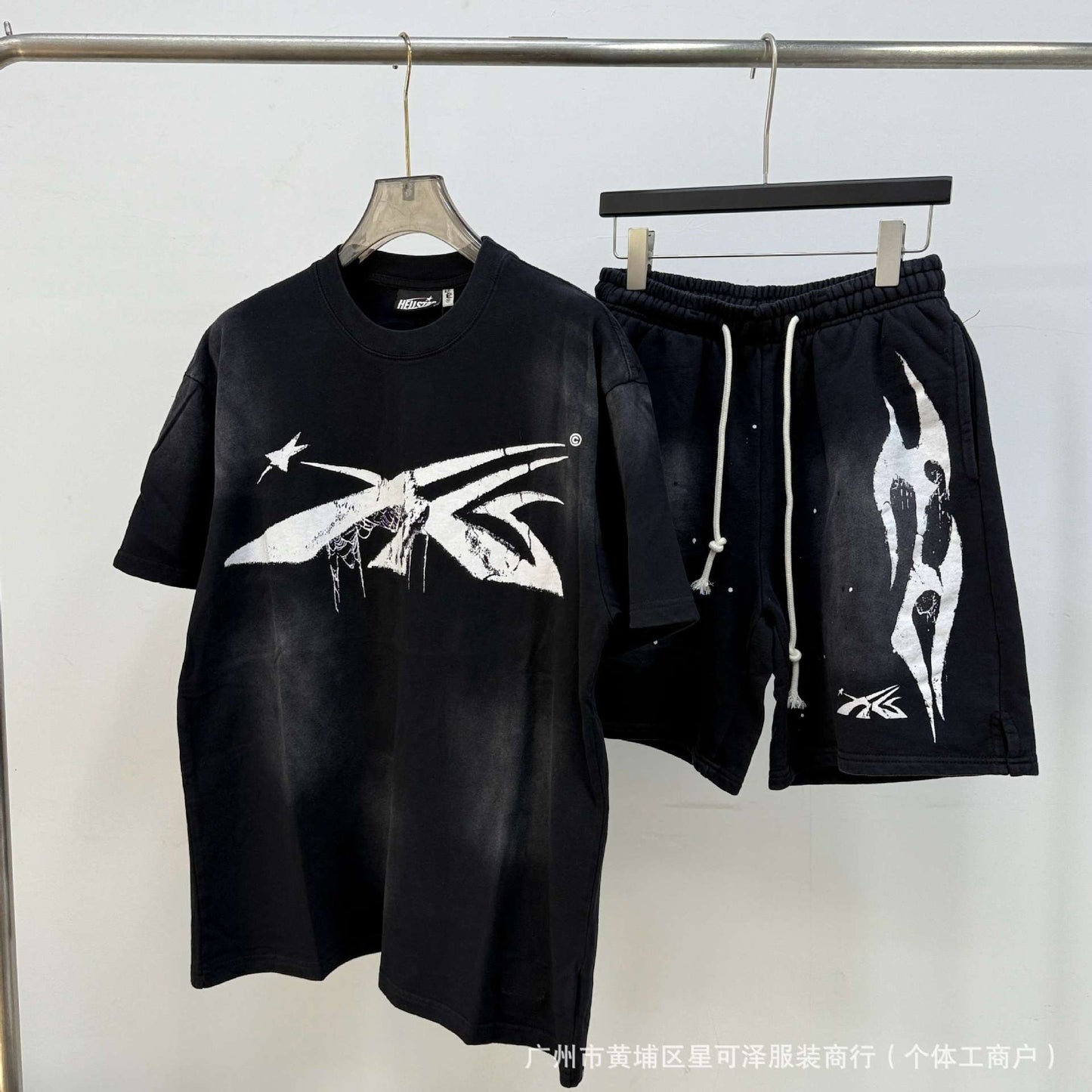 HS8008 Hellstar sets Heavy Industry Washed and WornShort-Sleeved T-shirt Sports Shorts Suit