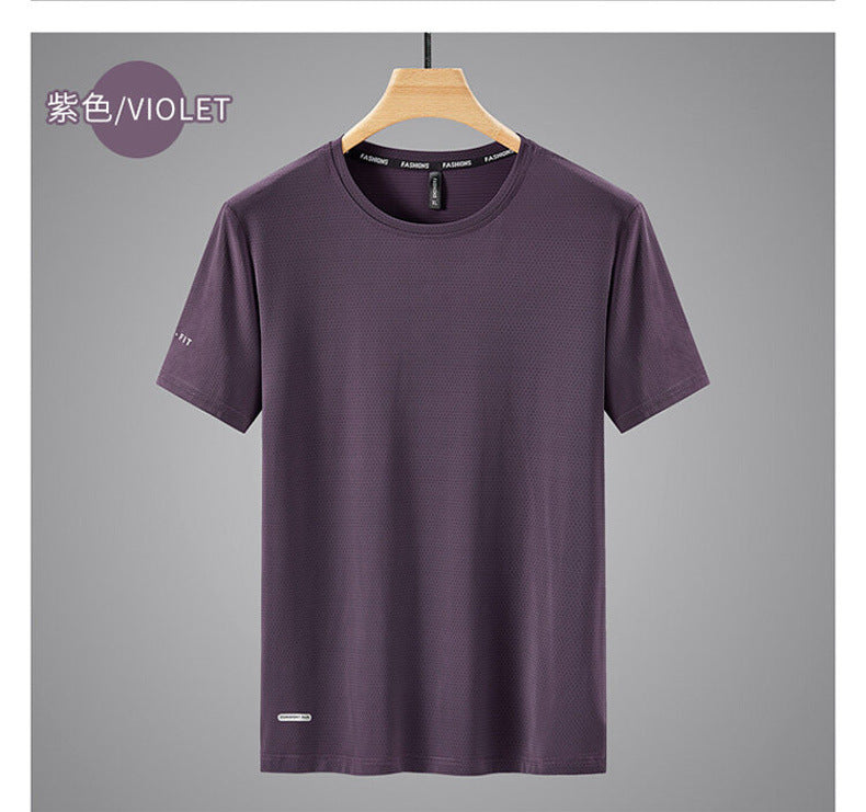 Round Neck Ice Silk Short Sleeve T Men's Summer Running Sports Casual Plus Size Shirt Stretch Breathable Regular Quick-Dry Top