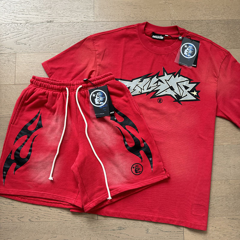 HS8008 Hellstar sets Heavy Industry Washed and WornShort-Sleeved T-shirt Sports Shorts Suit