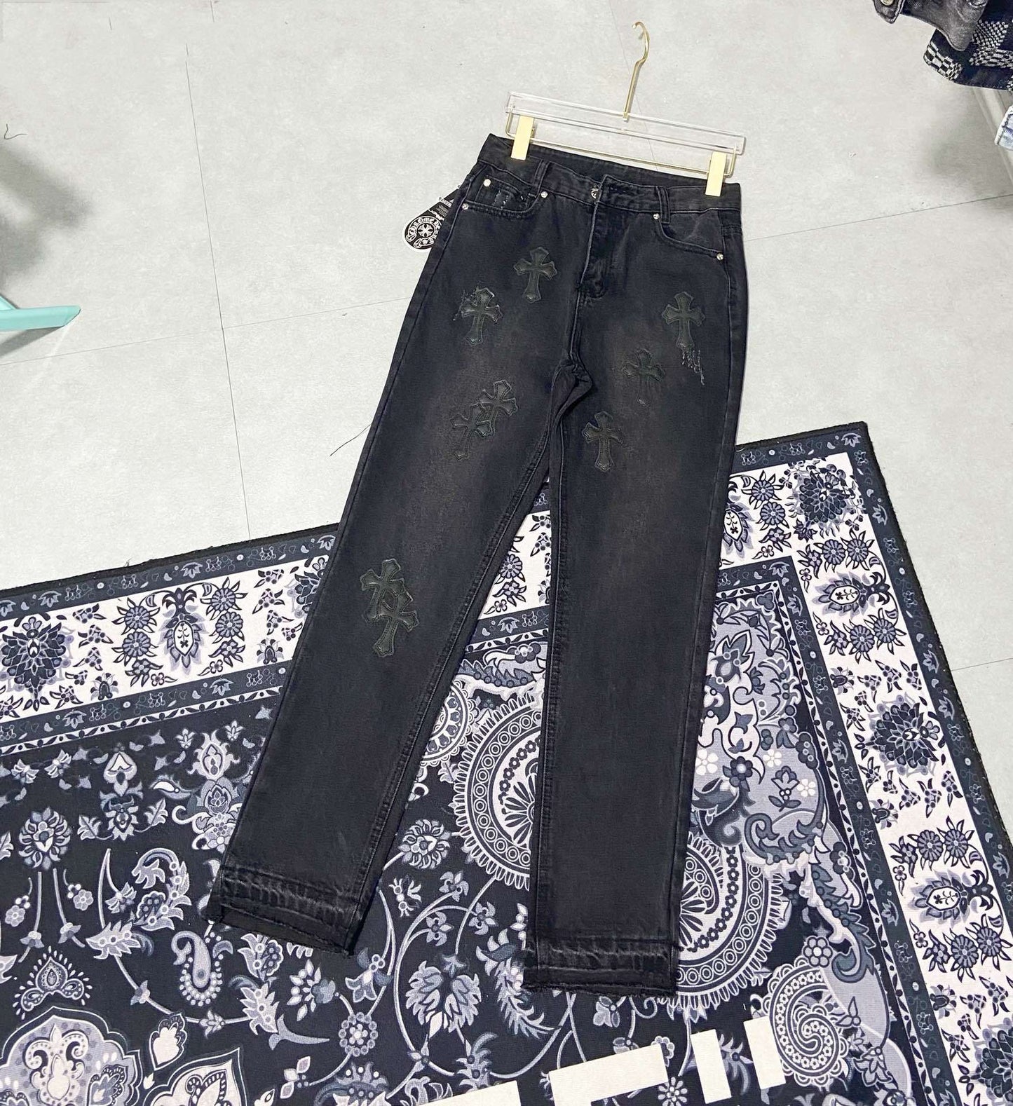 Chrome Hearts Jeans Color Leather Black Washed Jeans