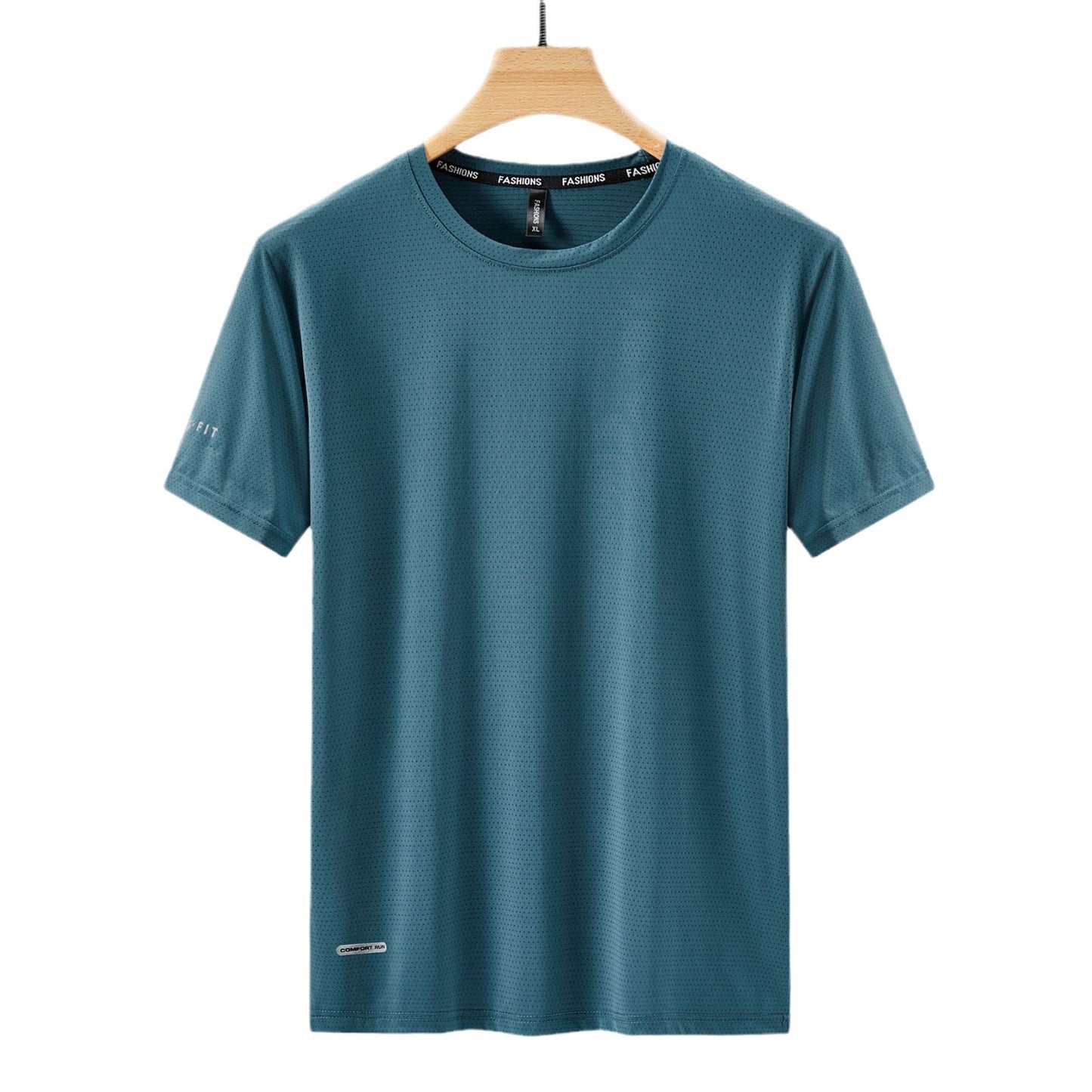 Round Neck Ice Silk Short Sleeve T Men's Summer Running Sports Casual Plus Size Shirt Stretch Breathable Regular Quick-Dry Top