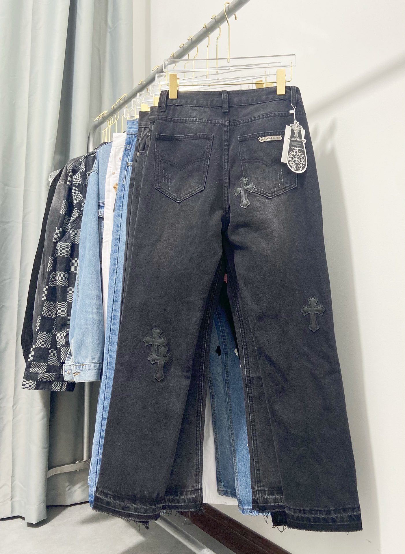 Chrome Hearts Jeans Color Leather Black Washed Jeans